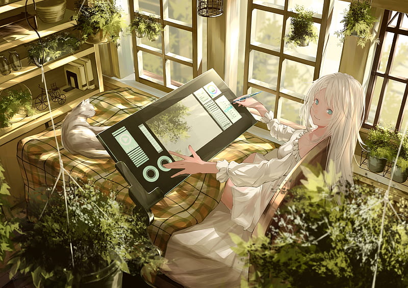 Anime girl, green, girl, miya key, anime, plant, summer, manga, tablet, HD wallpaper