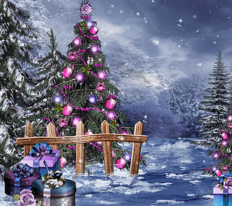 merry christmas, christmas tree, gift, night, winter, xmas, HD wallpaper