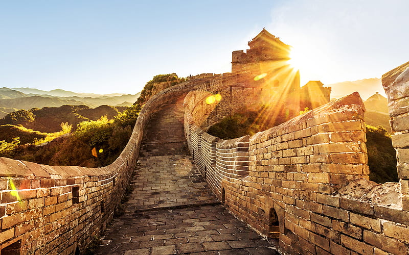 Great Wall of China, bright sun, chinese landmarks, mountains, Asia, China, HD wallpaper