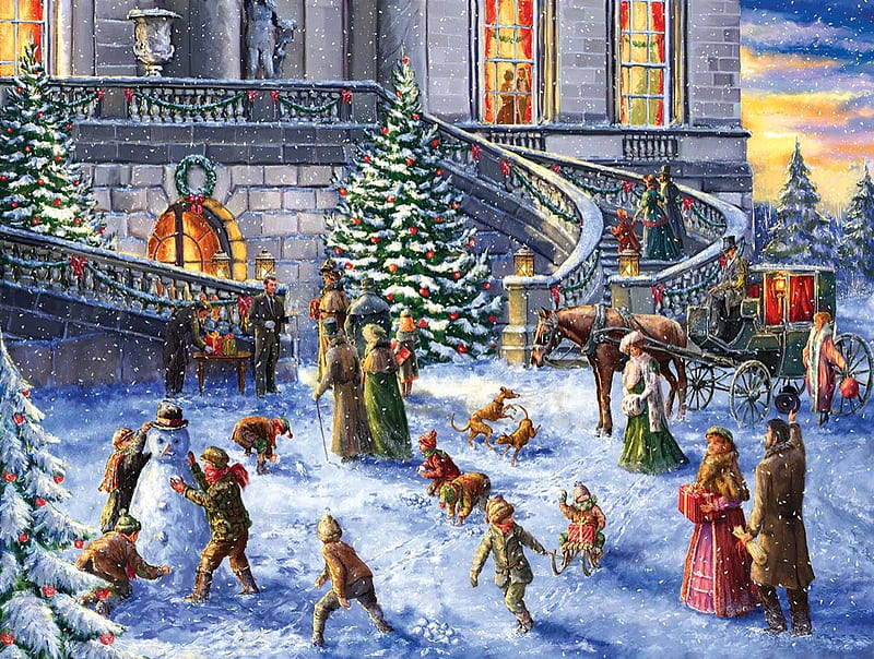 Winter scene, christmas, craciun, people, copil, children, winter, scene, art, painting, pictura, HD wallpaper