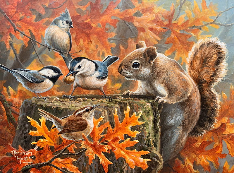 The Food Thief, chickadees, nuts, squirrel, autumn, leaves, colors, trees, artwork, painting, HD wallpaper