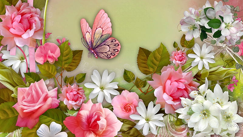 Summer Medley, garden, summer, flowers, blossoms, spring, blooms, roses, Firefox theme, butterfly, pink, HD wallpaper