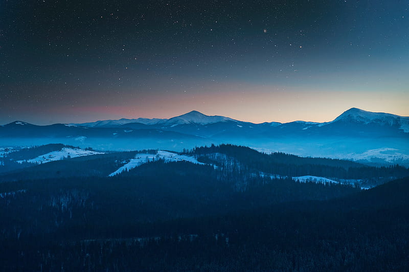 evening, mountains, scenic, stars, snow line, Landscape, HD wallpaper