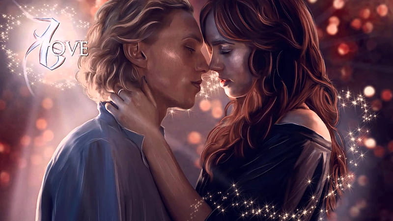 Jace and Clary, art, Jamie Campbell Bower, luminos, movie, Lily Collins, angel, the mortal instruments, kiss, lovers, fantasy, actress, city of bones, pink, couple, actor, HD wallpaper