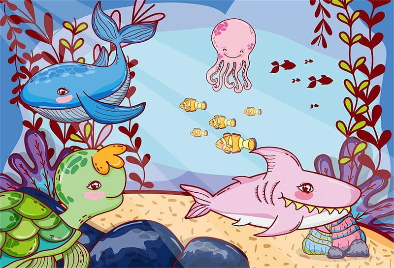 Laeacco Underwater Fish Vinyl 6..5ft graphy Backdrops Blue Cute Cartoon Colorful Sea Swim Shark Whale Starfish Children Baby Shower Kids Party Studio Props Banner Electronics, HD wallpaper