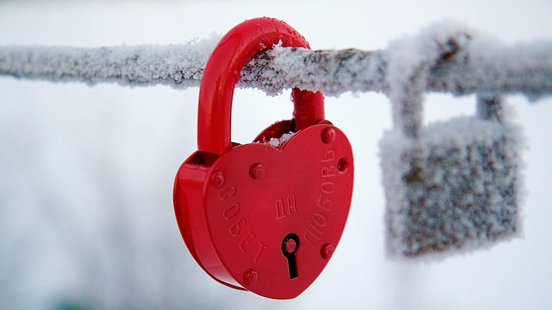 Red Heart Shape Lock Frozen Snow Rod Love, HD wallpaper
