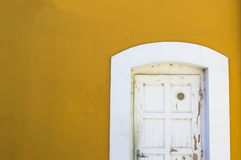 yellow wall with white wooden door, HD wallpaper
