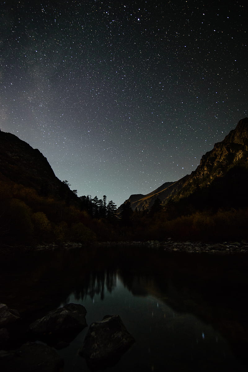 lake, mountains, night, starry sky, dark, HD phone wallpaper