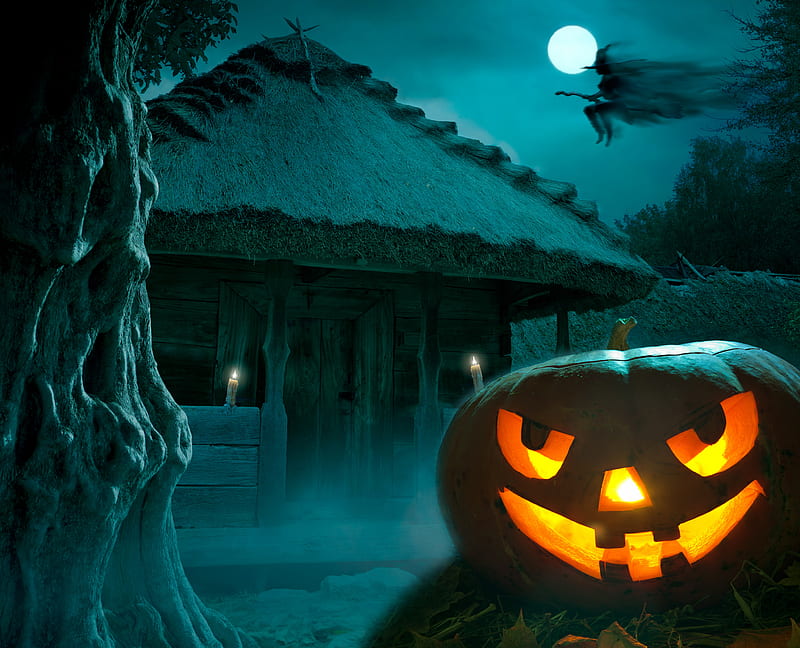 Holiday, Halloween, Full Moon, Haunted House, Jack-O'-Lantern, Night, Witch, HD wallpaper