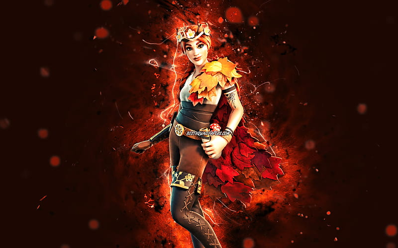 The Autumn Queen orange neon lights, 2020 games, Fortnite Battle Royale, Fortnite characters, The Autumn Queen Skin, Fortnite, The Autumn Queen Fortnite, HD wallpaper