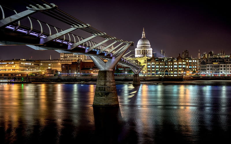 Millennium Bridge, night, London Millenium Footbridge, River Thames, english landmarks, London, England, UK, HD wallpaper