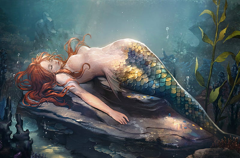 Sleeping Mermaid, art, fantasy, girl, mermaid, digital, siren, sleeping, woman, HD wallpaper