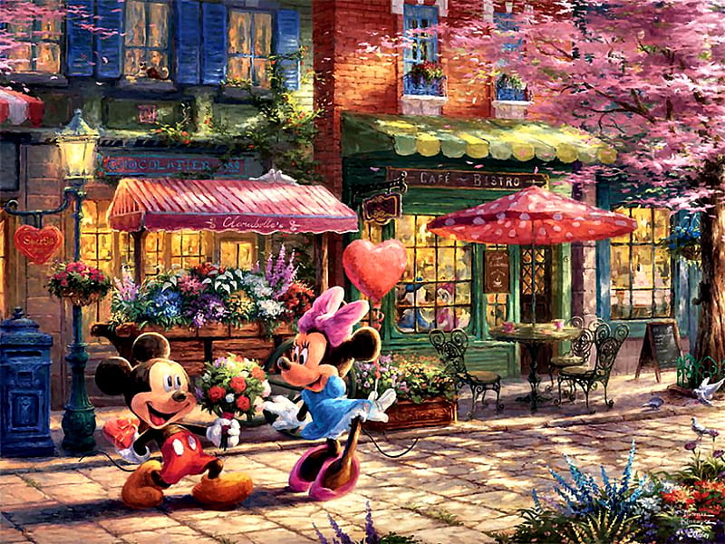 Mickey and Minnie F, art, Disney, bonito, illustration, Thomas Kinkade, artwork, Kinkade, Mickey, mouse, painting, wide screen, Minnie, scenery, landscape, HD wallpaper