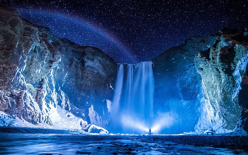 Skogafoss winter, Icelandic landmarks, night, starry sky, Iceland, beautiful nature, waterfalls, HD wallpaper