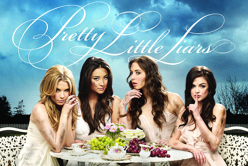 Pretty Little Liars, dress, fruits, bonito, tea, grapes, ashley benson, people, shay mitchell, tv series, flowers, actresses, table, troian bellisario, celebrity, lucy hale, sky, entertainment, HD wallpaper