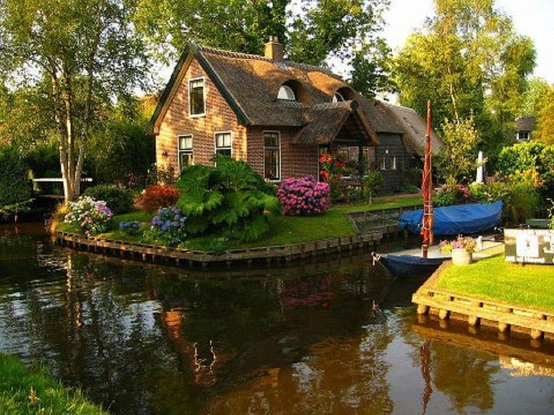 Quaint Cottage Along the Canal, water, cottage, canal, home, quaint, HD wallpaper