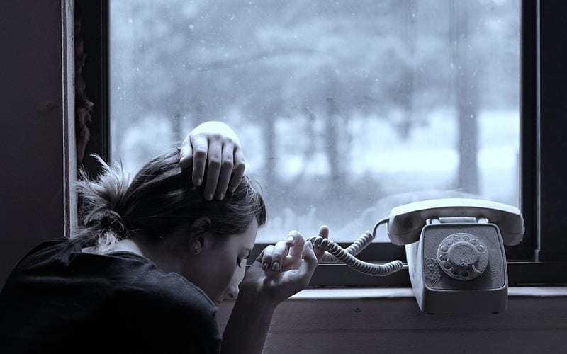 And he does not call ..., window, sadness, girl, call, phone, lonely, HD wallpaper
