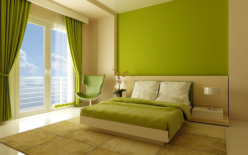KIWI GREEN, window, kiwi, interior, desenho, apartment, bed, green, chair, morning, room, light, style, HD wallpaper