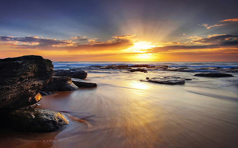 Sunrise over the sea, Sea, Sun, Ocean, beach, Sunrise, Rocks, HD wallpaper