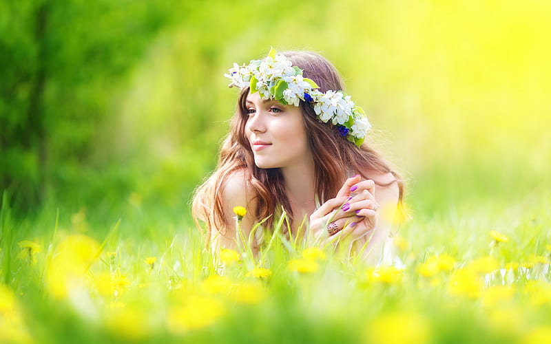 Dreamer, female, grass, spring, woman, bokeh, splendor, girl, flowers ...