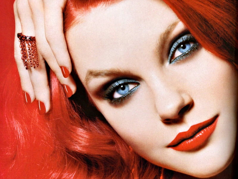 Jessica Stam, model, orange, redhead, femeie, woman, make-up, girl, beauty, face, blue eyes, HD wallpaper