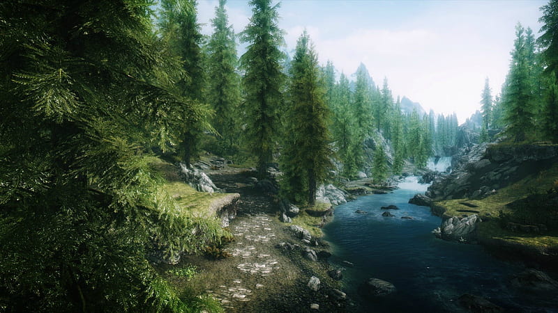 Skyrim: Forest, mountain, forest, waterfall, nature, bonito, skyrim, landscape, HD wallpaper