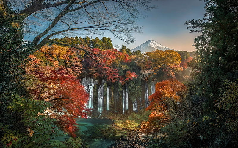 Shiraito Falls, beautiful waterfall, japan, Fuji, active stratovolcano, mountain landscape, Shizuoka Prefecture, HD wallpaper