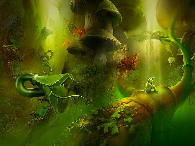 Carnivorous plant, forest, colorful, amazing, plant, bonito, mystic, fantasy, girl, green, jungle, color, HD wallpaper