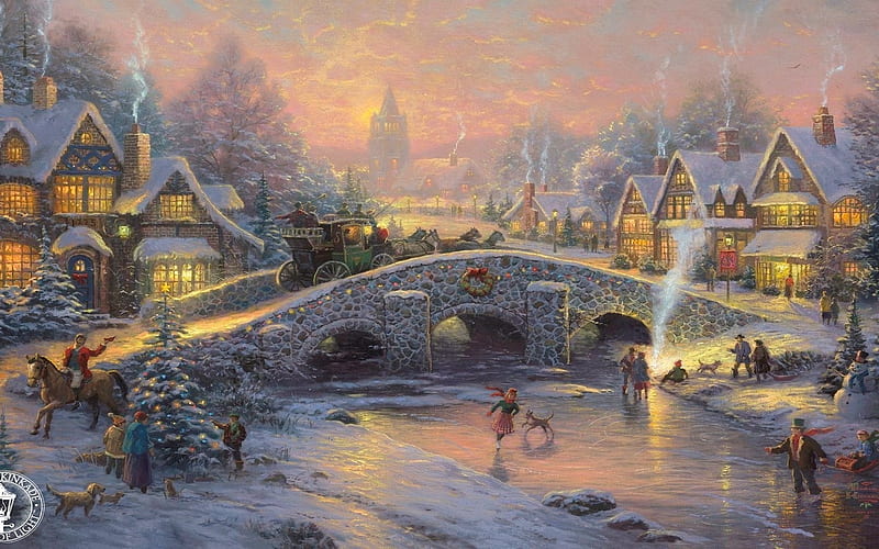 Joyful Winter, christmas, snow, bridge, winter, scene, HD wallpaper