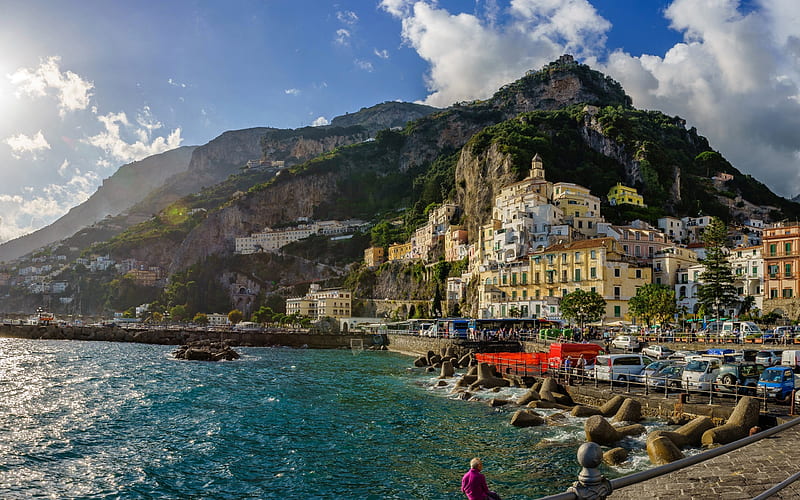 Amalfi, mountains, sea, summer, Salerno bay, Italy, Salerno, HD wallpaper