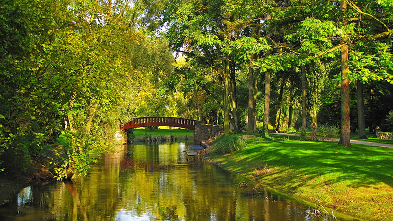 Landscape View Of Bridge Above Water Green Trees Bushes Grass Field Road Nature, HD wallpaper