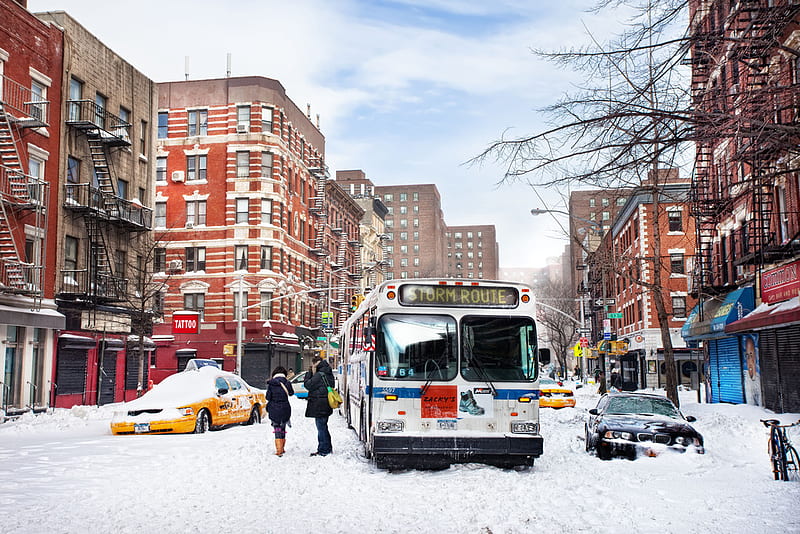 New York, snow, bus, people, HD wallpaper New York, snow, bus, people, HD wallpaper