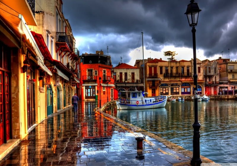 After the rain, architecture, Italy, houses, port, sky, clouds, storm, weather, sea, boats, water, urban, rain, habour, reflection, HD wallpaper