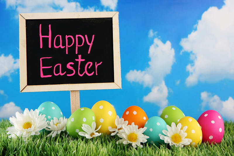 Happy Easter!, Happy Easter, Easter eggs, dots, grass, holiday, sky clouds, sign, daisies, Easter, eggs, Spring, HD wallpaper