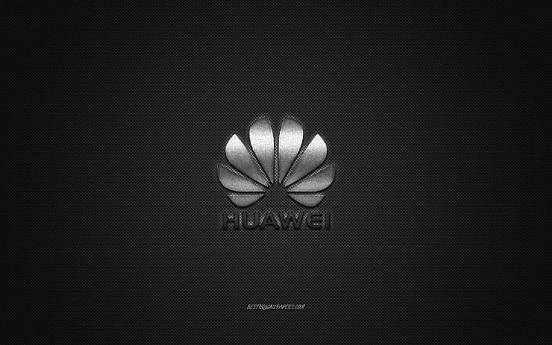 Huawei logo, silver shiny logo, Huawei metal emblem, for Huawei smartphones, gray carbon fiber texture, Huawei, brands, creative art, HD wallpaper
