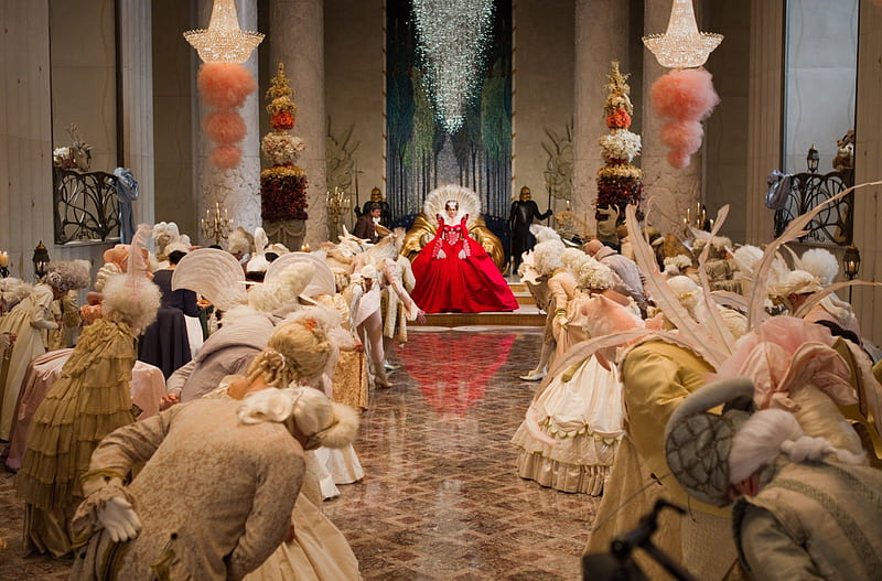 Mirror Mirror (2012), red, dress, movie, julia roberts, queen, interior, mirror mirror, courtiers, ball, people, castle, pink, HD wallpaper