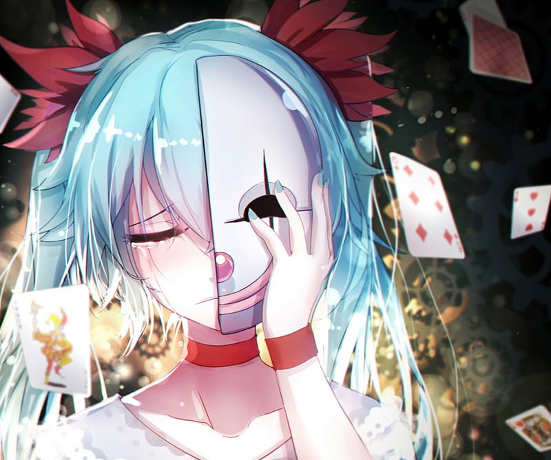 The Melancholy Clown, vocaloid, hatsune miku, clown, blue hair, cards, crying, anime, sad, tears, mask, HD wallpaper