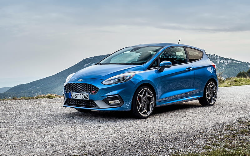 Ford Fiesta ST, 2018, 3-Door, exterior, front view, blue hatchback, new blue Fiesta, American cars, Ford, HD wallpaper