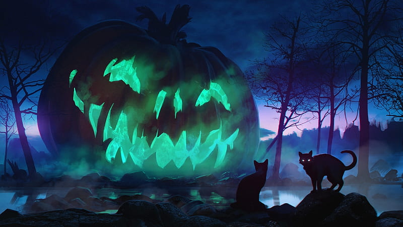 Happy Halloween!, luminos, blcak, halloween, cat, fantasy, green, pumpkin, pisica, blue, HD wallpaper