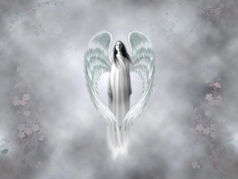 Angelheart, wings, girl, angel, gris, flowers, heaven, clouds, HD ...