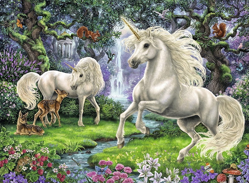 Unicorns, forest, squirrel, fantasy, luminos, unicorn, deer, HD wallpaper