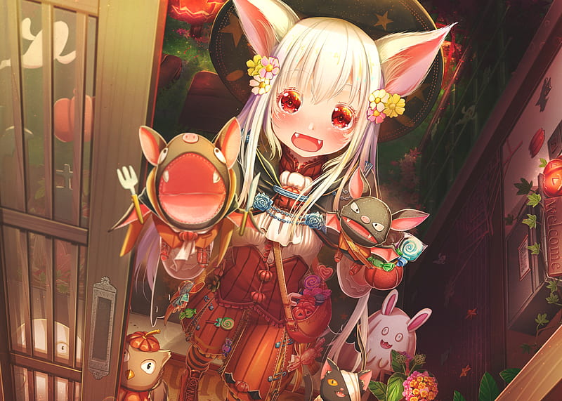 cute anime girl, roarr, animal ears, white hair, loli, weird dolls, Anime, HD wallpaper