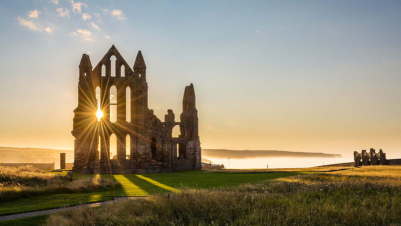 sunset on whitby abbey castle in england travel, HD wallpaper