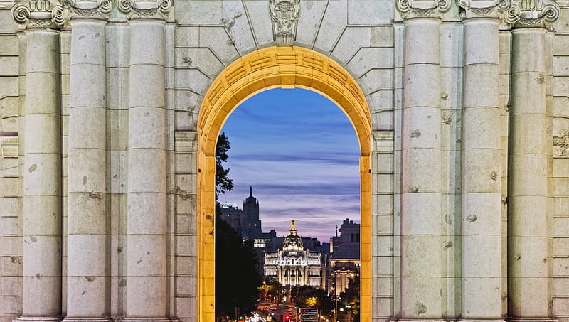 Madrid at Dusk (as seen through arched window), architecture, ancient, madrid, spain, arches, medieval, new, cities, HD wallpaper