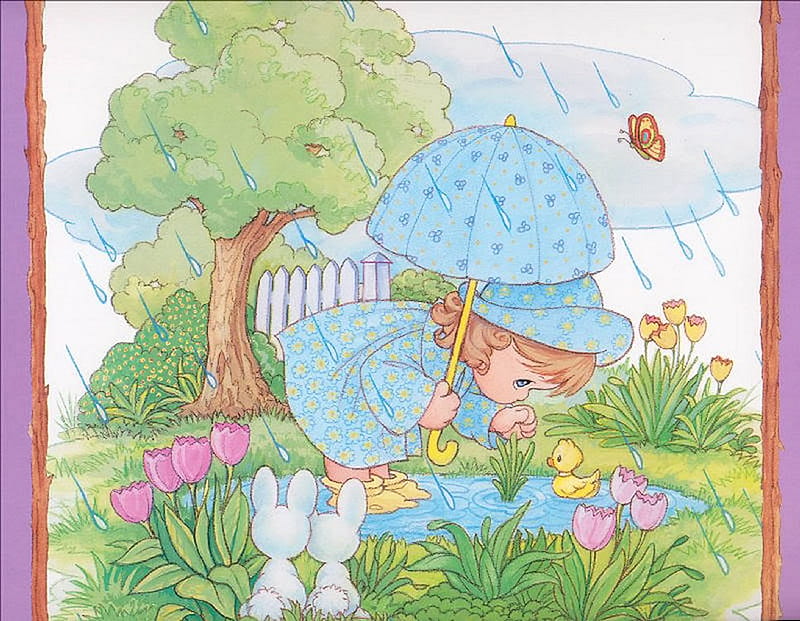 8 precious moments, cute, tree, precious moments, children, umbrella, bunny, rain, sweet, HD wallpaper