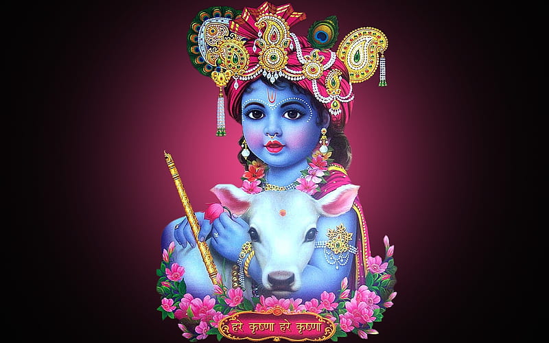 Baby Krishna, art, cow, krishna, indian, yellow, baby, cute, fantasy, pink,  god, HD wallpaper | Peakpx