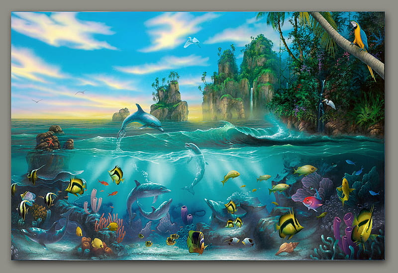 PARADISE FOUND, miller, fish, ocean, painting, david, HD wallpaper