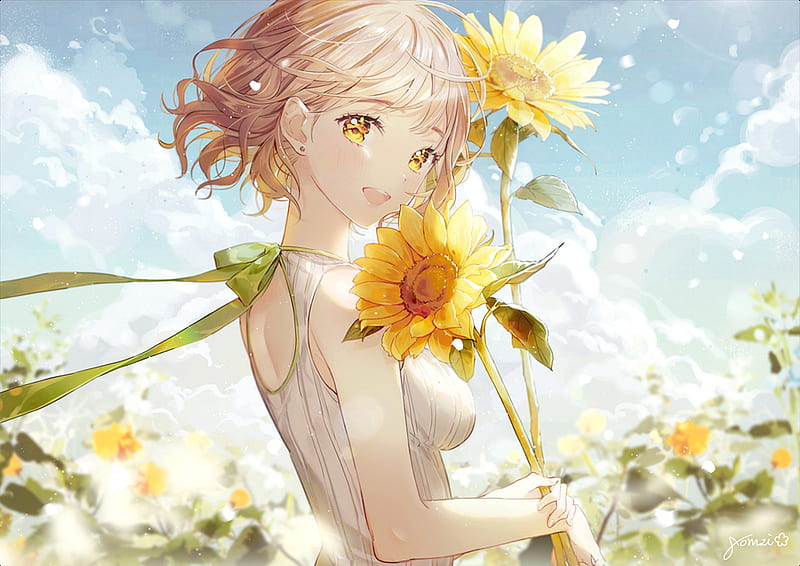 Sunflower, yellow, bonito, adorable, anime, beauty, anime girl, female, cloud, ribbon, smile, sky, smiling, happy, short hair, cute, kawaii, girl, flower, lady, sundress, white, maiden, HD wallpaper
