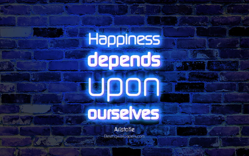 Happiness depends upon ourselves blue brick wall, Aristotle Quotes, popular quotes, neon text, inspiration, Aristotle, quotes about happiness, HD wallpaper