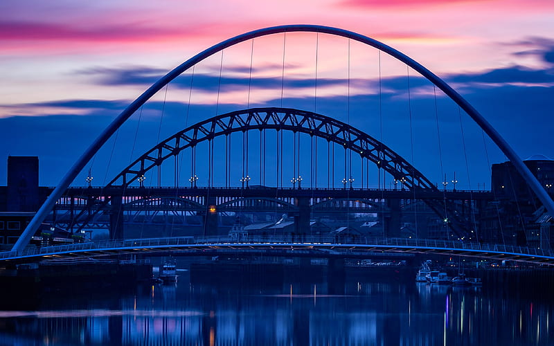 Gateshead Millennium Bridge, River Tyne, Newcastle upon Tyne, evening, sunset, beautiful bridge, cityscape, England, HD wallpaper